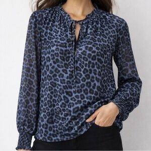 WHBM Blue Leopard Print Blouse XS Tie Neck Flowy Top White House Black Market